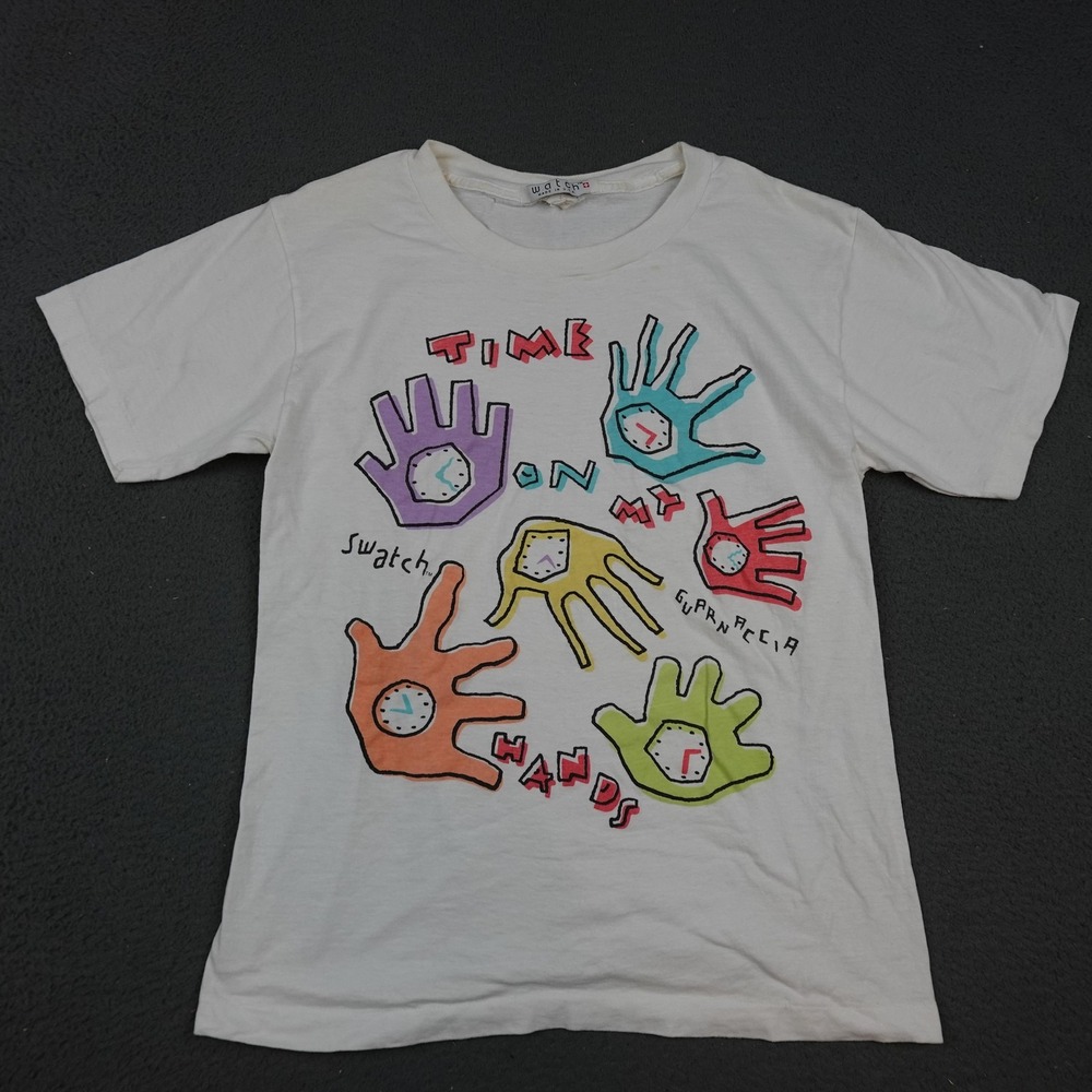 Vintage Swatch Time On My Hands Shirt Mens White Graphic Guarnaccia Made USA 80s